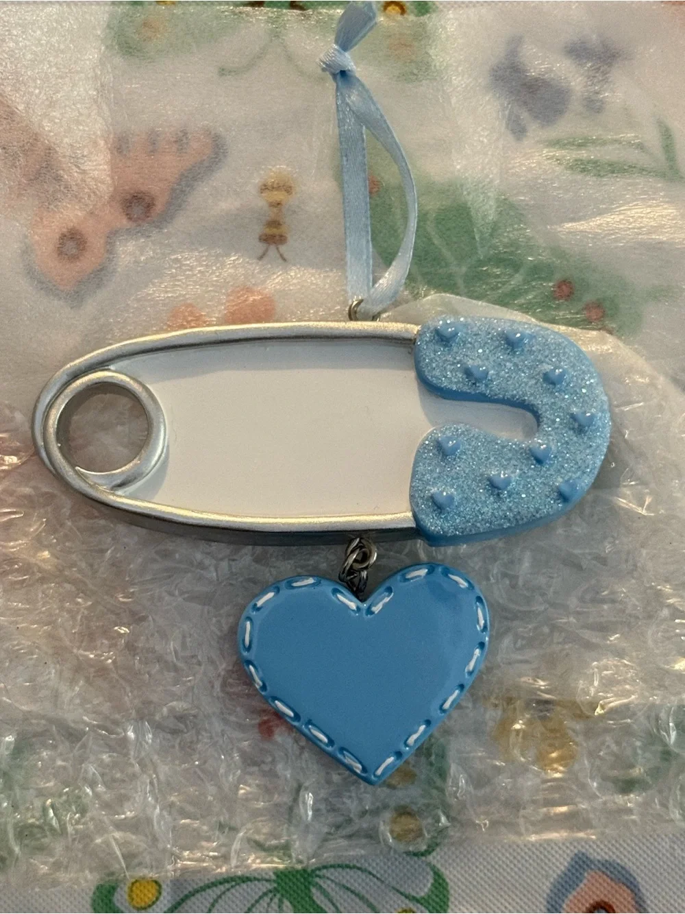 Blue Safety Pin Baby Ornament with Heart